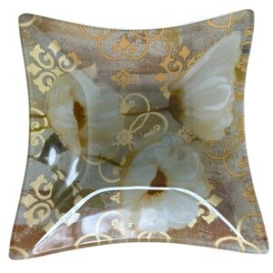 Prima Design Gold & White Floral Art Small Glass Square Dish